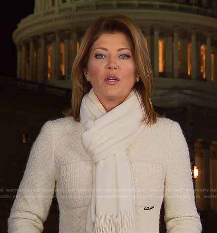 Norah’s white tweed coat on CBS Evening News