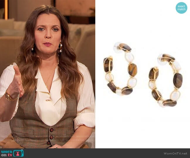 Brown Tiger Eye Hoop Earrings by Oscar De La Renta worn by Drew Barrymore on The Drew Barrymore Show