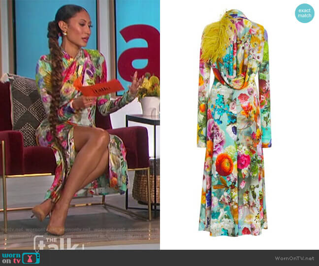 Feather Embellished Draped Floral Midi Dress by Prabal Gurung worn by Elaine Welteroth on The Talk