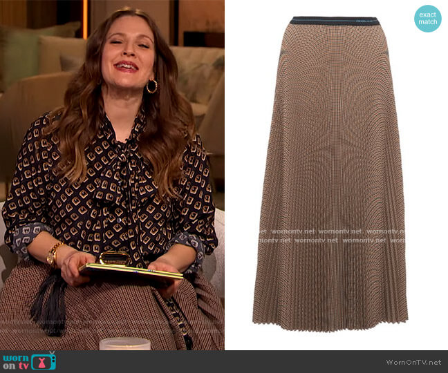 WornOnTV: Drew’s geometric print tie neck blouse and check skirt by ...