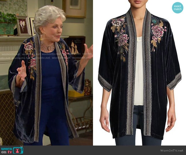 Quito Floral-Embroidered Velvet Kimono w/ Border Stitching by Johnny Was worn by Julie Olson Williams (Susan Seaforth Hayes) on Days of our Lives