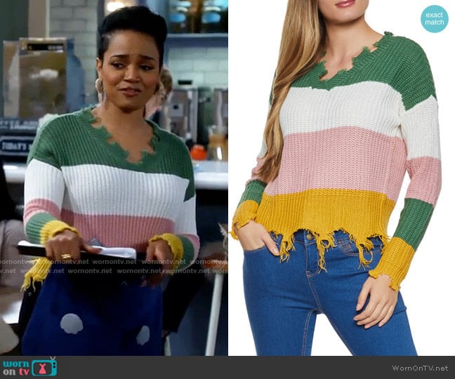 Rainbow Frayed Color Block V Neck Sweater worn by Randi (Kyla Pratt) on Call Me Kat