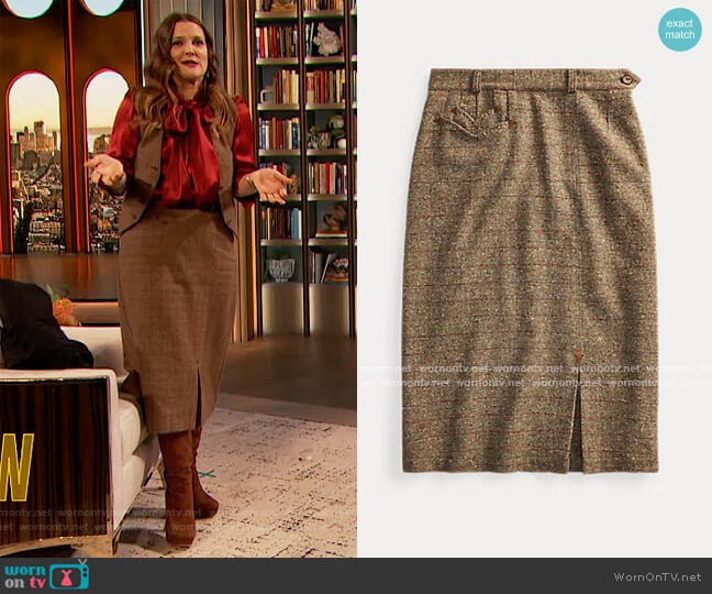 Donegal Tweed Wool-Blend Skirt by Ralph Lauren worn by Drew Barrymore on The Drew Barrymore Show