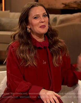 Drew's red tie neck blouse on The Drew Barrymore Show