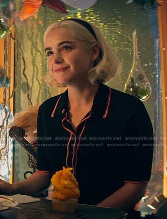 Sabrina’s black contrast trim polo top on Chilling Adventures of Sabrina
