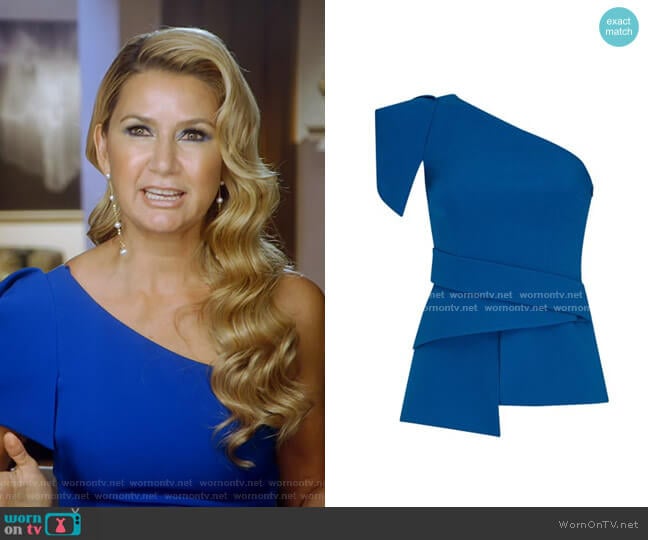 Tanisha Draped Crepe One-Shoulder Top by Safiyaa worn by Kary Brittingham on The Real Housewives of Dallas