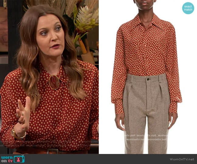 Polka-dot silk crepe de chine shirt by Saint Laurent worn by Drew Barrymore on The Drew Barrymore Show