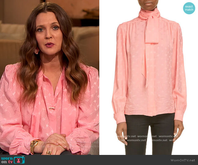 Tie Neck Print Silk Blouse by Saint Laurent worn by Drew Barrymore on The Drew Barrymore Show