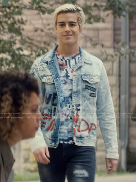 Shane's graffiti print denim jacket on Tiny Pretty Things