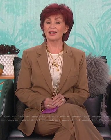 Sharon's beige blazer and side button pants on The Talk