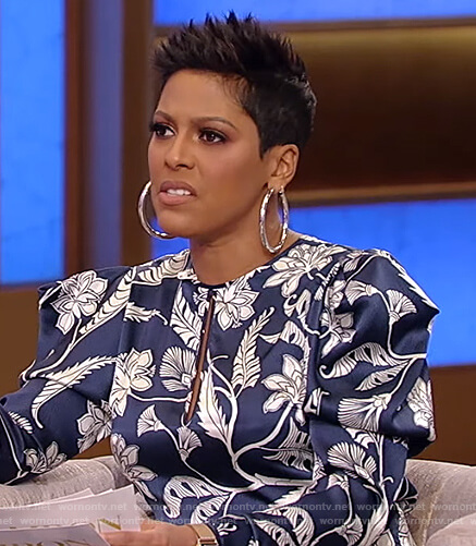 Tamron’s blue floral print keyhole dress on Tamron Hall Show