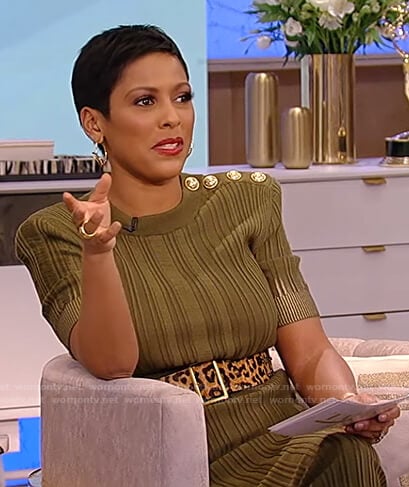 Tamron’s green ribbed dress on Tamron Hall Show