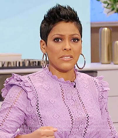 Tamron's lavender floral lace dress on Tamron Hall Show