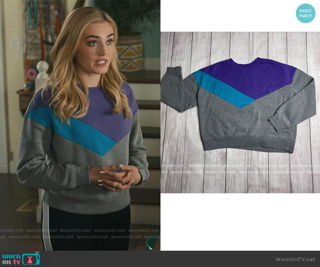 90's colorblock sweater by Arizona worn by Taylor Otto (Meg Donnelly) on American Housewife