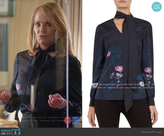 Roysie Floral Tie Neck Blouse by Ted Baker worn by Lisa Benner (Marg Helgenberger) on All Rise