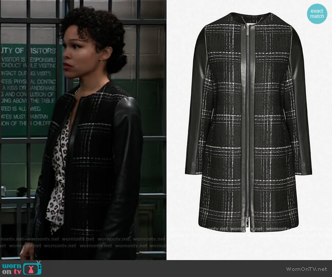 Faux-leather-trimmed checked woven jacket by Ted Baker worn by Portia Robinson (Brook Kerr) on General Hospital
