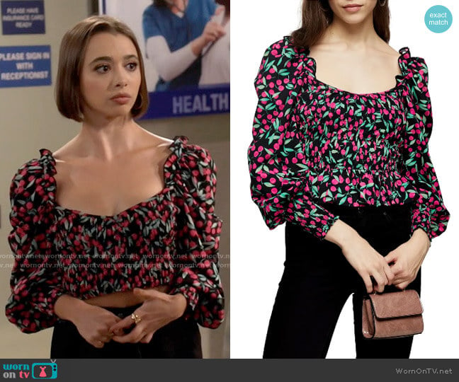 Topshop Cherry Smocked Prairie Blouse worn by Celia (Emma Caymares) on Call Your Mother