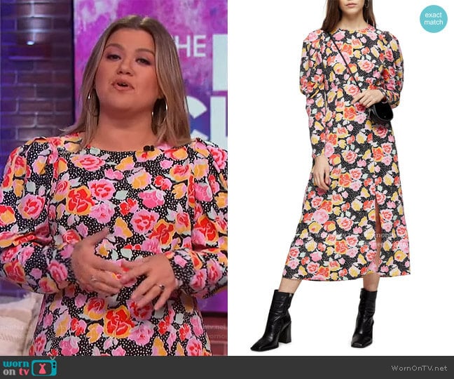 Pastel Dream Puff Sleeve Midi Dress by Topshop worn by Kelly Clarkson on The Kelly Clarkson Show