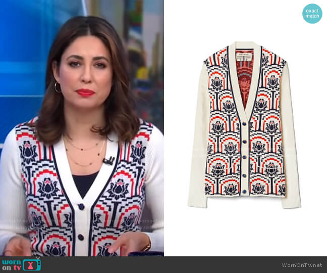 Performance Merino Floral Jacquard Cardigan by Tory Burch worn by Cecilia Vega on Good Morning America