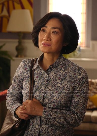 Mrs. Kim’s blue floral shirt on Kims Convenience