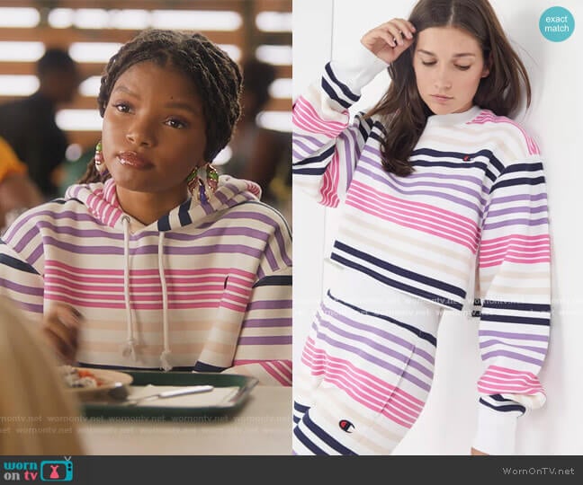 Exclusive Striped Cropped Sweatshirt by Champion worn by Skylar Forster (Halle Bailey) on Grown-ish