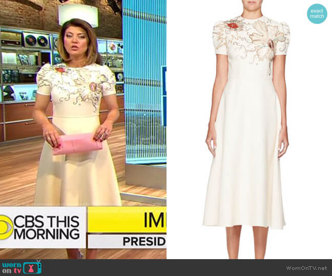 Valentino High-Neck Short-Sleeve Crepe Dress w/ Embroidery worn by Norah O'Donnell on CBS Mornings