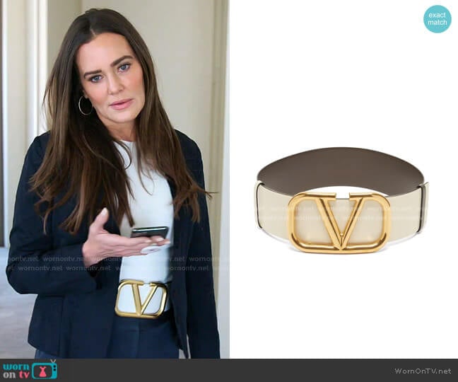 Oversized V-logo Leather Belt by Valentino worn by Meredith Marks on The Real Housewives of Salt Lake City