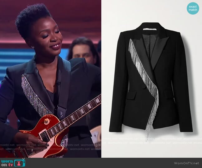 Clarise crystal-embellished crepe blazer by Veronica Beard worn by Folake Olowofoyeku on The Kelly Clarkson Show