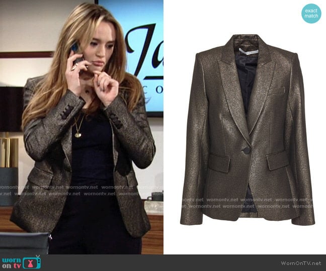 Veronica Beard Cutaway Dickey lamé blazer worn by Summer Newman (Hunter King) on The Young and the Restless