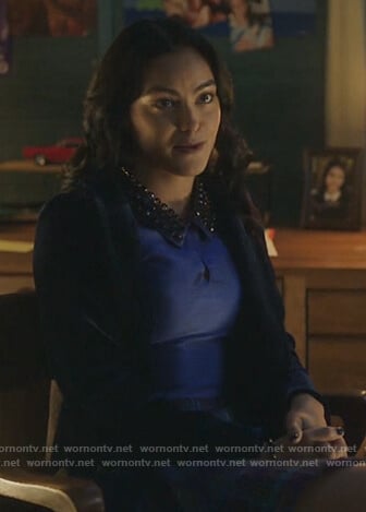 Veronica’s blue embellished collar blouse on Riverdale