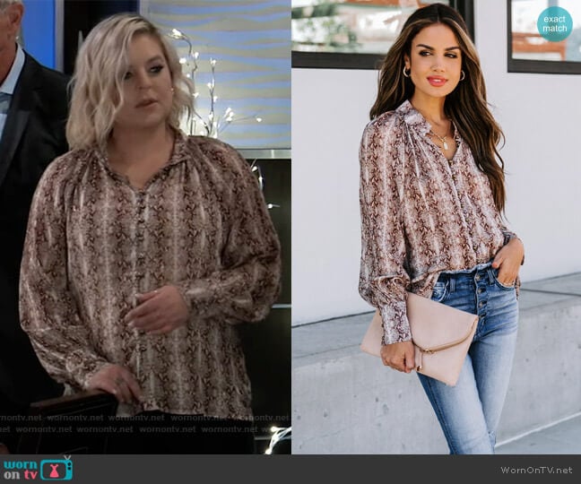 Good Day Sunshine Metallic Button Down Blouse by Vici worn by Maxie Jones (Kirsten Storms) on General Hospital