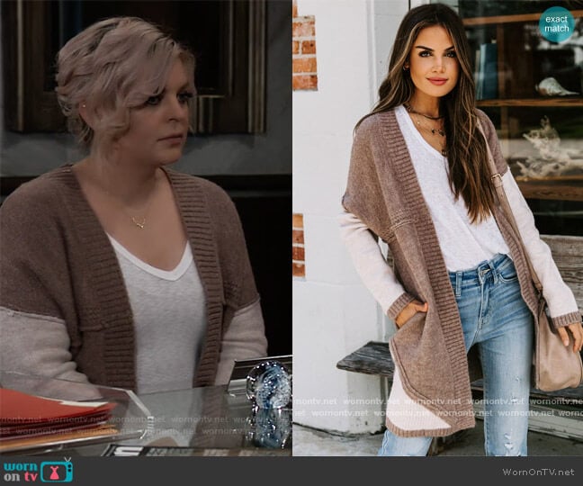 Restless Heart Pocketed Colorblock Cardigan by Vici worn by Maxie Jones (Kirsten Storms) on General Hospital