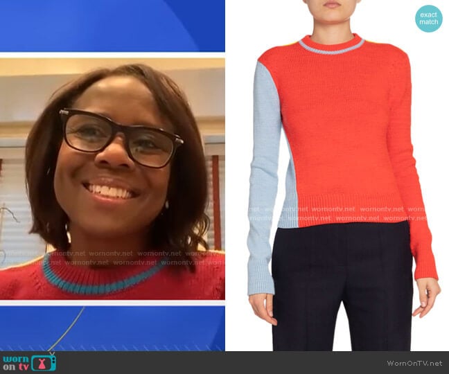 Colorblocked Wool-Blend Crewneck Sweater by Victoria Beckham worn by Deborah Roberts on Good Morning America