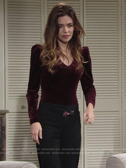 Victoria's red velvet v-neck bodysuit on The Young and the Restless