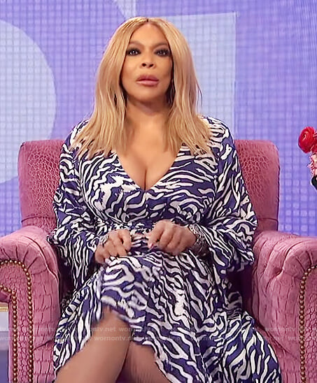 Wendy’s blue tiger stripe flare dress on The Wendy Williams Show