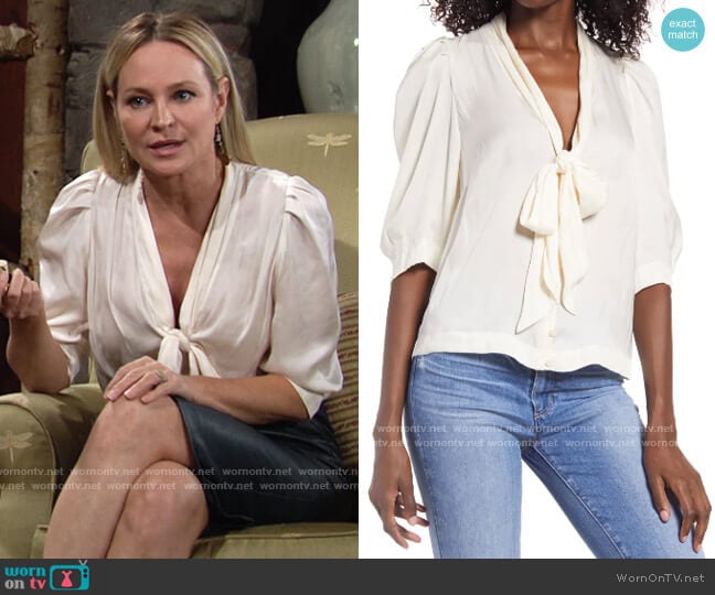 Zadig & Voltaire Satin Tie Neck Top worn by Sharon Newman (Sharon Case) on The Young and the Restless