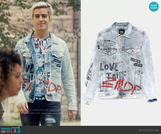 Zara Graffiti-covered denim jacket worn by Shane (Brennan Clost) on Tiny Pretty Things