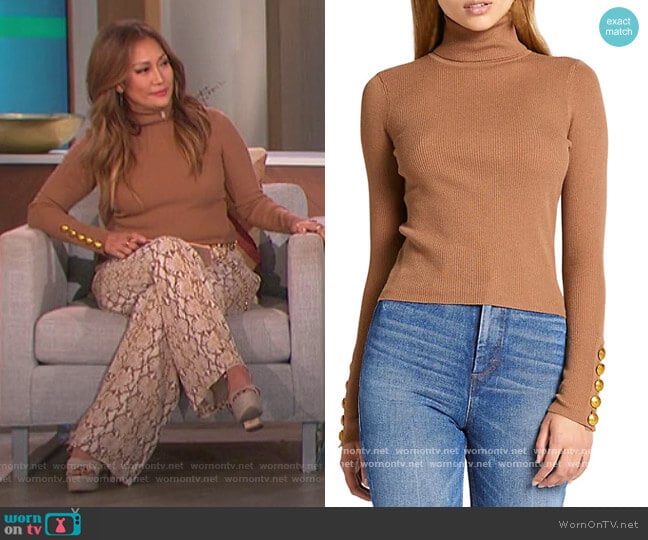 Desi Rib-Knit Turtleneck Sweater by A.L.C. worn by Carrie Inaba on The Talk