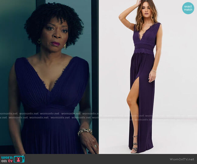 ASOS DESIGN premium lace insert pleated maxi dress worn by Violet Bordelon (Tina Lifford) on Queen Sugar