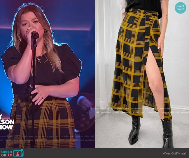 Midi Skirt with Belt Detail in Mustard Plaid by ASOS worn by Kelly Clarkson on The Kelly Clarkson Show