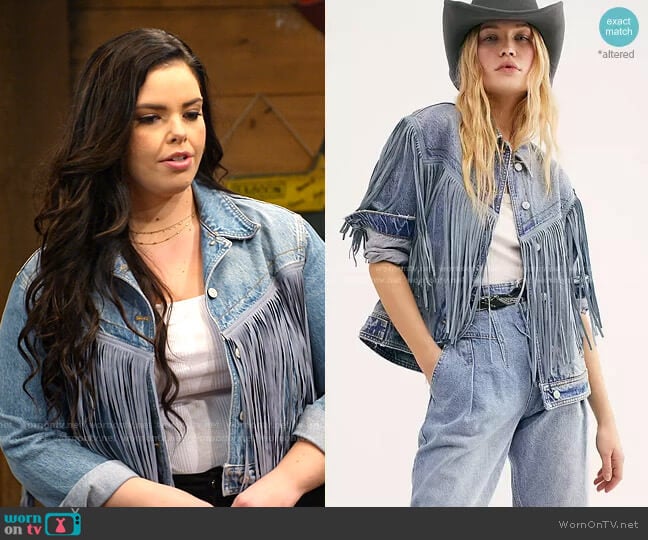 After Hours Fringe Denim Jacket by Free People worn by Lou Hockhauser (Miranda May) on Bunkd