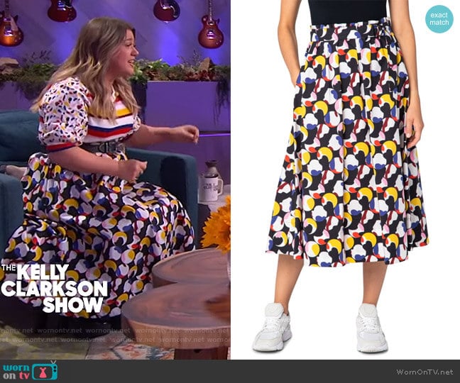 Floating Dot Belted Midi Skirt by Akris Punto worn by Kelly Clarkson on The Kelly Clarkson Show