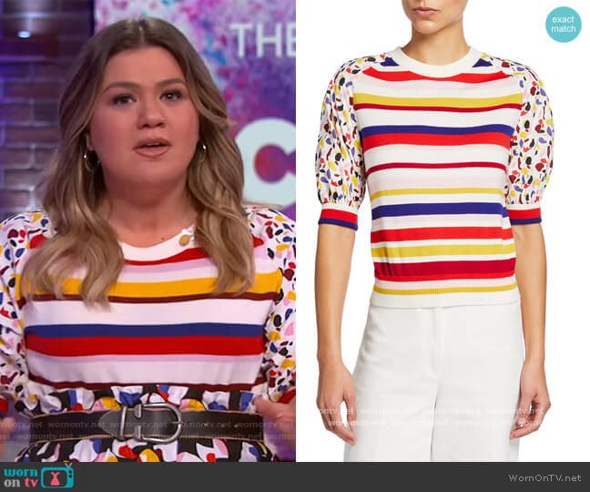 Fantasy Knit Puff-Sleeve Shirt by Akris Punto worn by Kelly Clarkson on The Kelly Clarkson Show