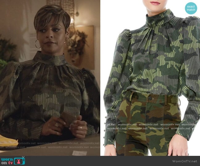 Winslet Camo Print Long Cuff Tunic Blouse by Alice + Olivia worn by Erica Peeples on All American