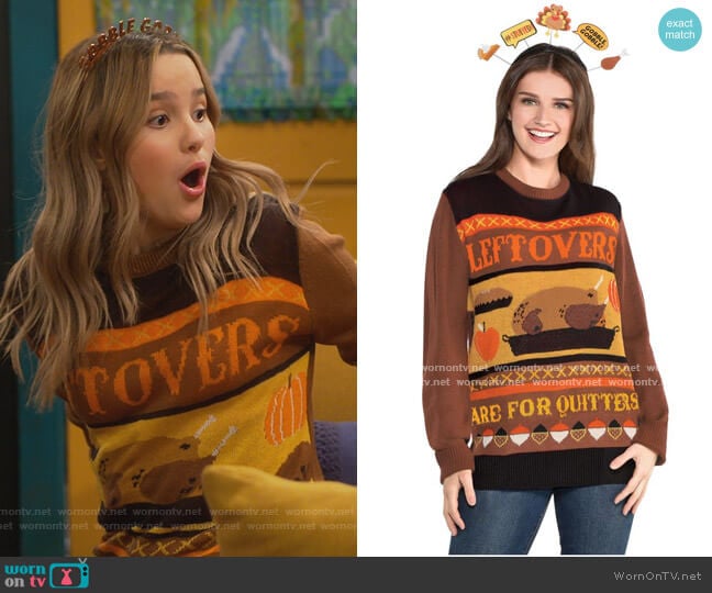 Thanksgiving Leftovers Are For Quitters Ugly Sweater by Amscan worn by Lex (Jules LeBlanc) on Side Hustle