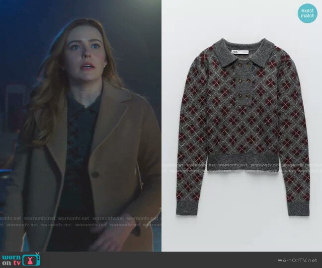 Argyle Knit Polo Sweater by Zara worn by Nancy Drew (Kennedy McMann) on Nancy Drew