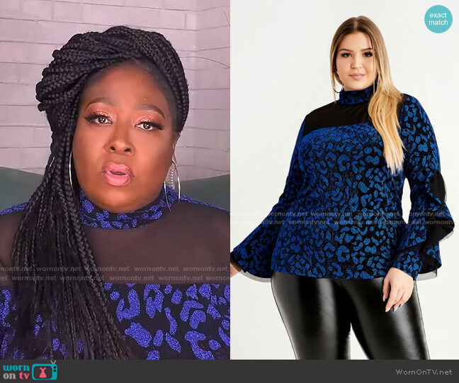 Lurex Mesh Animal Drama Sleeve Top by  Ashley Stewart worn by Loni Love on The Real