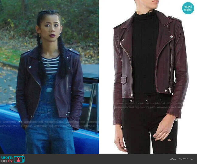 Ashville Leather Jacket in Plum by Iro worn by George Fan (Leah Lewis) on Nancy Drew