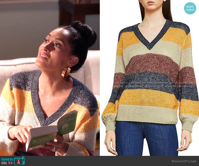 Metallic Striped Sweater by Bcbgmaxazria worn by Rainbow Johnson (Tracee Ellis Ross) on Black-ish