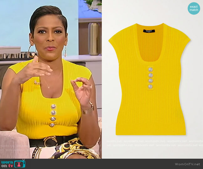 Button-embellished ribbed-knit top by Balmain worn by Tamron Hall  on Tamron Hall Show